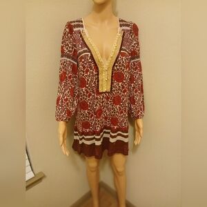 Free People Sweet Poland Poppy Floral Boho Tunic Top Linen Cotton